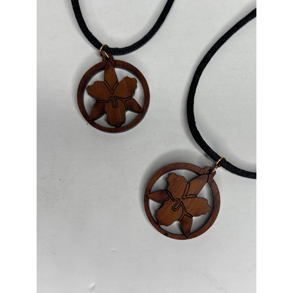 Orchid Pendant Necklace Brown Wood Floral Laser Cut Black Cord 2 pc Set